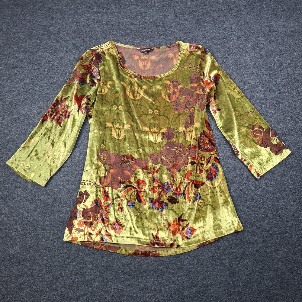 Green Floral Velvet Burnout Paisley Blouse S Boho 70's Upholstry Hippie Fun